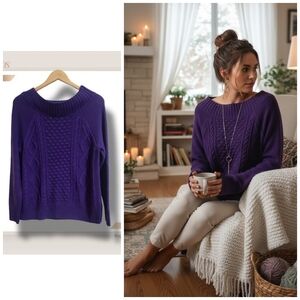🌿Chaps Women's Medium Royal Purple Boat Neck Cable Knit Sweater-Beautiful!